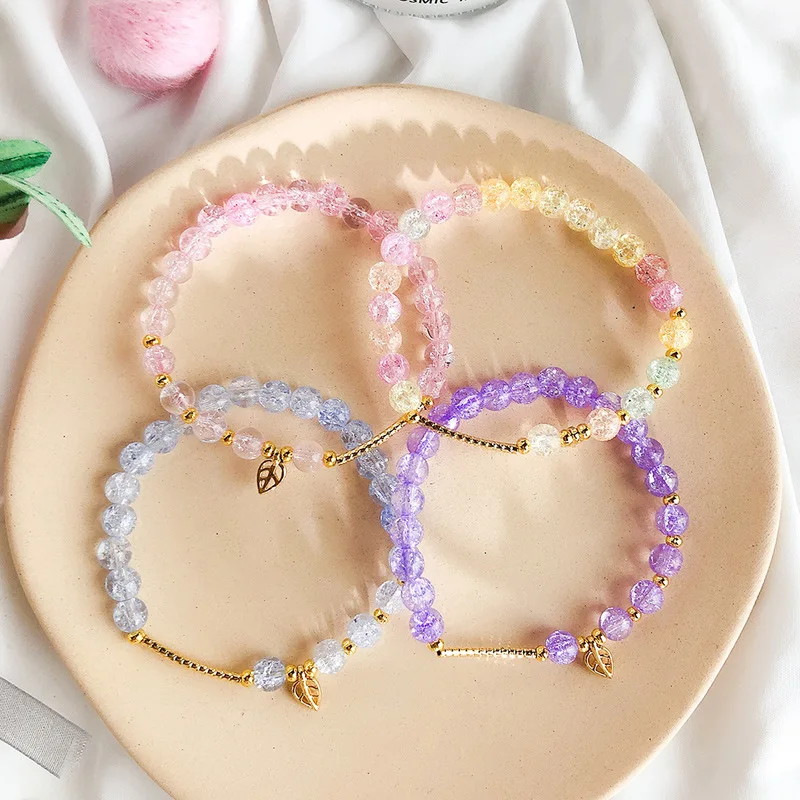 

Blue Pink Purple Colorful Crystal Bracelets Round Beads Lucky Hollow Gold Leaf Pendant for Women Crystal Bracelet Jewelry