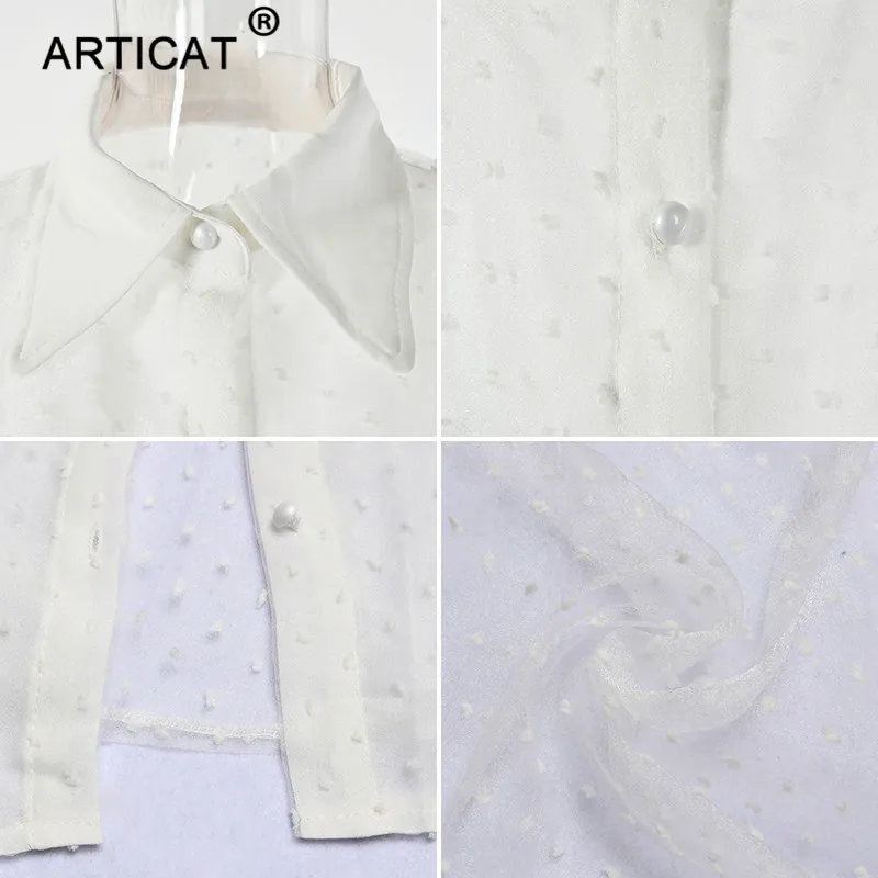 Женская прозрачная шифоновая блуза Articat, белая блуза на пуговицах с буффами на рукавах и отложным воротником, офисная рубашка на лето