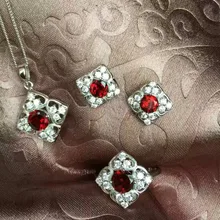 Натуральный красный гранат драгоценный камень комплект ювелирного изделия с натуральным камнем драгоценный камень Кулон Кольцо Серьги 925 Серебро Элегантные квадратные женские юбилейные ювелирные изделия