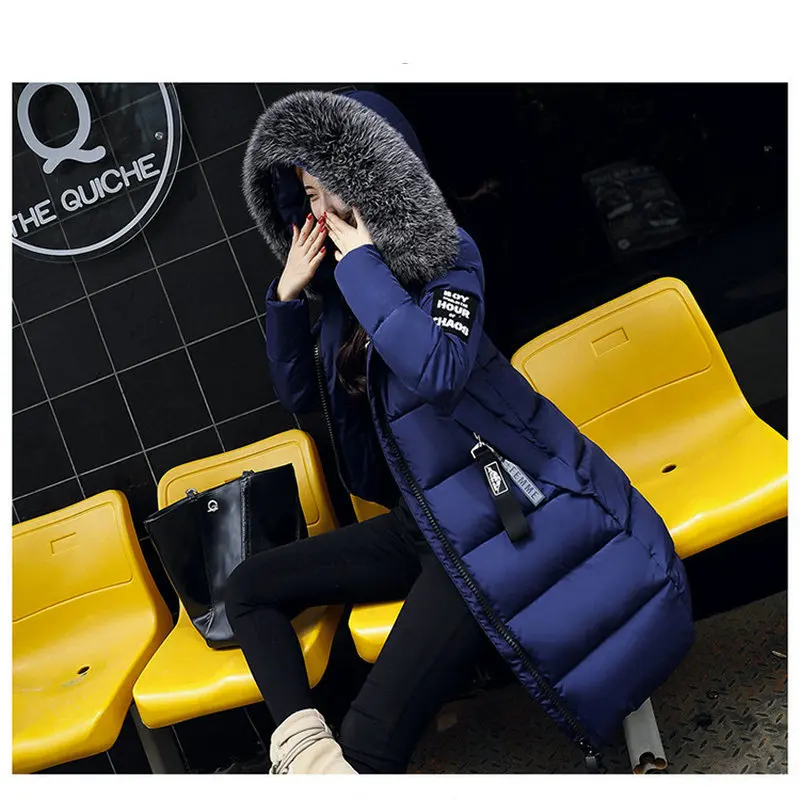 New Female Cotton Coat Thickened Korea Style Fashion Long Down Fur Collar Hooded Jacket Warm Outwear Parkas Women Winter Coat