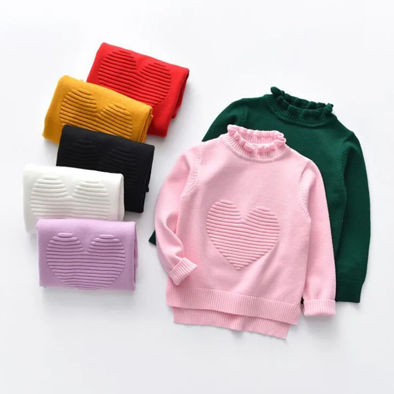 

2019 Baby Girl Clothes Autumn Winter New Children's Solid Color Sweater Girls Core Yarn Bottoming Shirt Love Sweaters 3-8Y