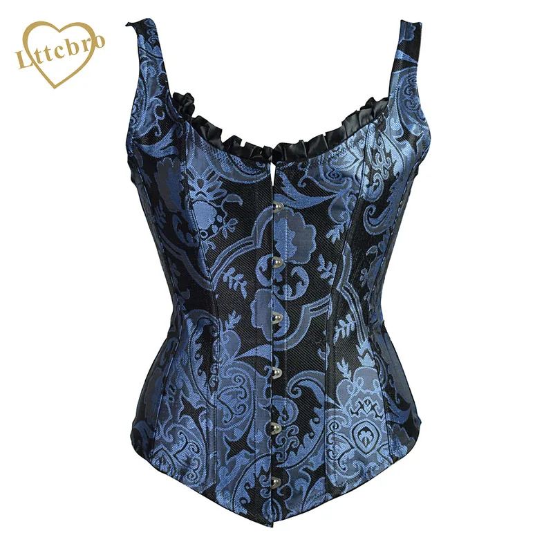 

Halter Steampunk Ruffled Brocade Boned Corsets and Strap Bustiers Top Overbust Corset Women's Gothic Blue