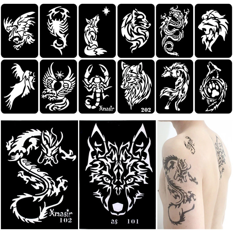 34pcs Lot Dragon Wolf Tattoo Stencils Template For Men Arm Back Chest Paint Reusable Airbrush Tattoo Sticker 2 Large 32 Small Tattoo Stencils Aliexpress
