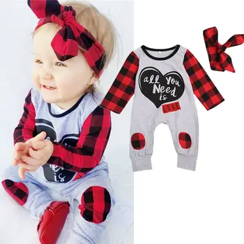 

2017 Autumn Newest Baby Rompers Newborn Baby Boy Girl Long Sleeve Romper Jumpsuit Headband 2PCs Outfits Clothes Plaid Printed UK