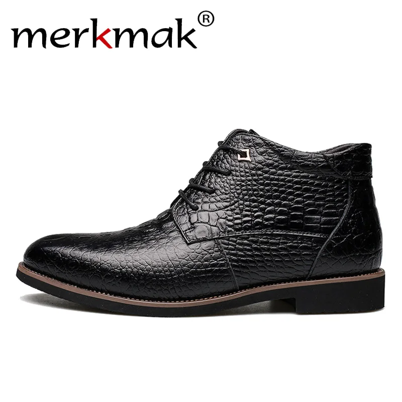

Merkmak Winter Warm Thick Fur Plush Ankle Boots Men Luxury Brand Alligator Skin Style Formal Leather Boot Dress Shoes Brown 12