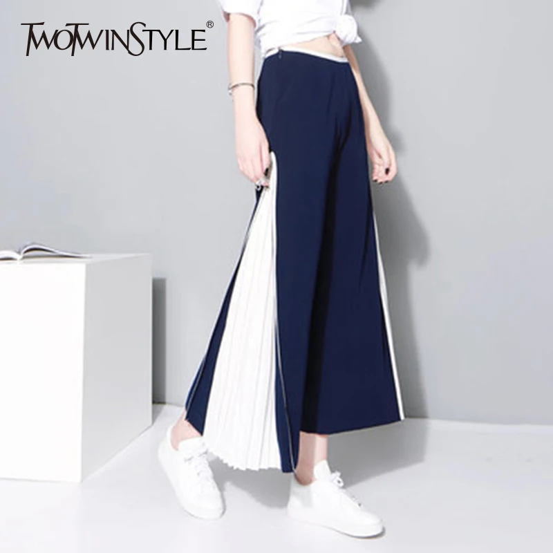 

TWOTWINSTYLE Patchwork Wide Leg Pants Female Chiffon High Waist Split Pleated Long Trousers Summer Fashion Women New Clothing