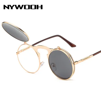 

NYWOOH Vintage Steampunk Flip Sunglasses Retro Round Sun Glasses for Men Women Brand Designer Metal Frame Glasses