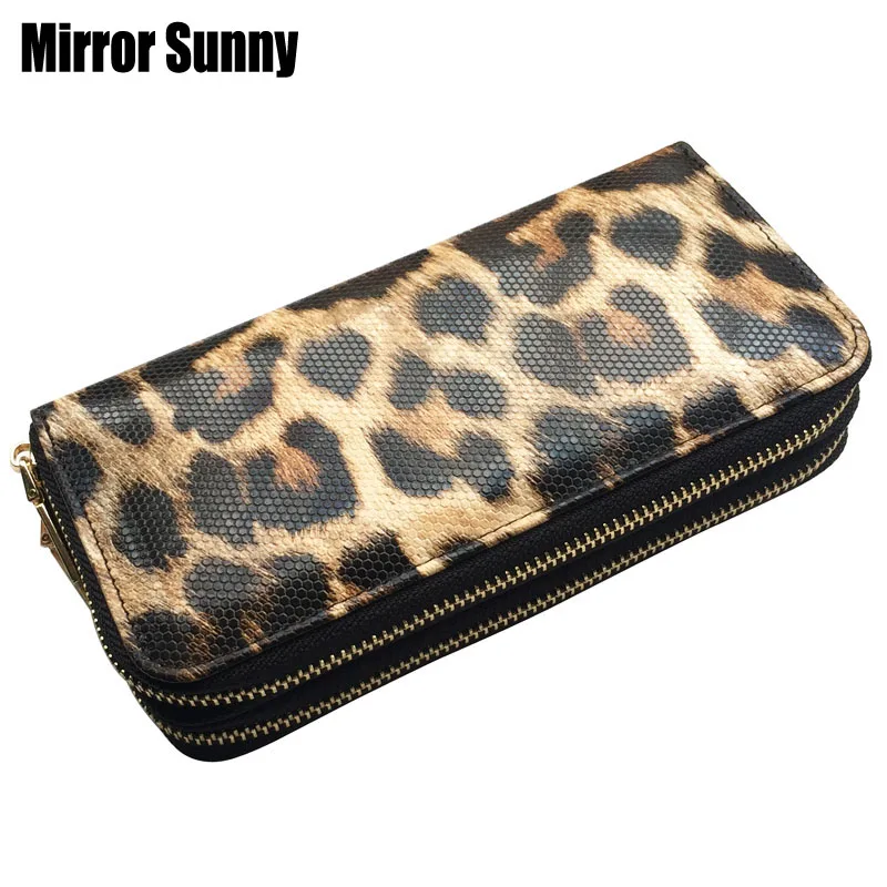 

New Fashion Women's Wallet Leopard Leather Double Zipper Purse Female Long Clutch Wallet Mobile Bag Card Holder Large Capacity