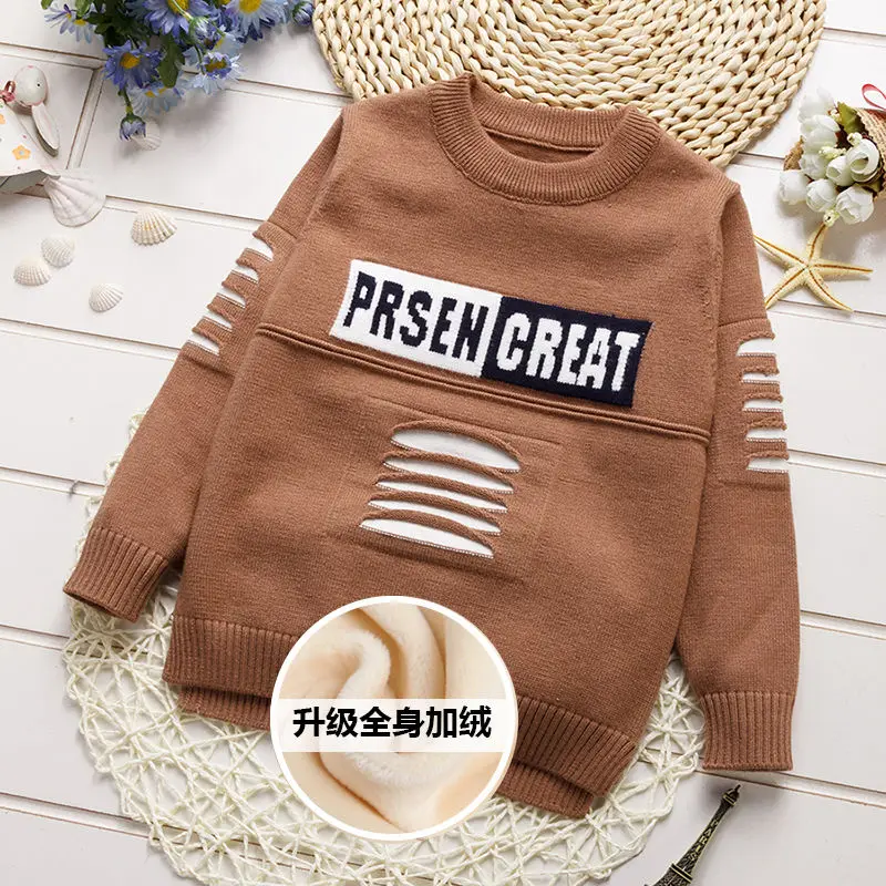 

ins hot boys sweater 1-5 years old Autumn and winter velvet sweater Printed letter hole children's Double-layer pullover sweater