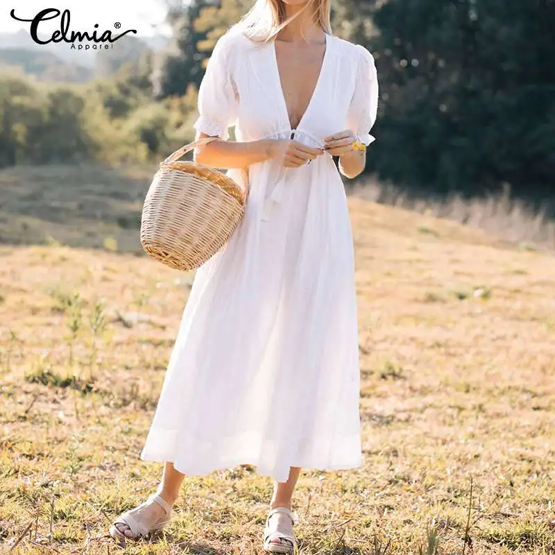 

Celmia Bohemian Women Maxi Long Dress Sexy Deep V-neck Short Sleeve Lace Up Summer Dresses Casual Loose Party Vestidos Plus Size
