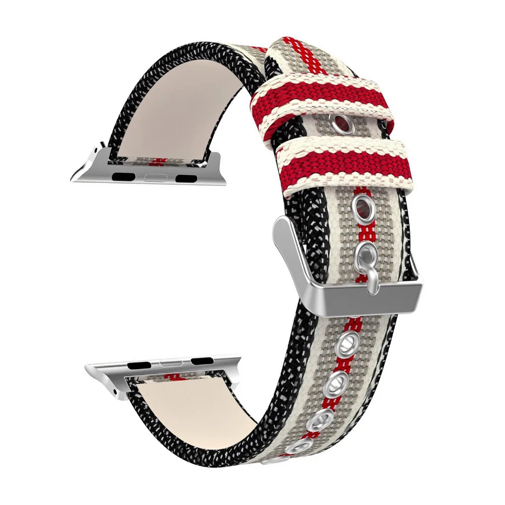 

Woven Oxford Bracelet Sport Leisure Watchband Nylon with Leather Strap Red Gray Stripe for apple watch Series 3/2/1 38/42mm