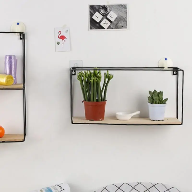 

Rectangle Iron Wooden Wall Mounted Decorative Shelves Home Living Room Storage Shelf Multi Functional Sundries Book Storage Rack