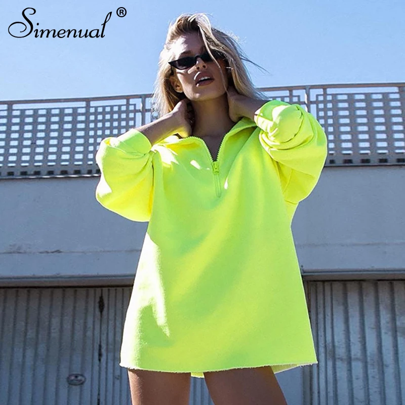 Simenual سستة طويلة الأكمام النساء بلوزات النيون الأخضر قمم المعتاد الشارع الشهير الكورية الصلبة طويلة هوديس 2019 الربيع الأزياء