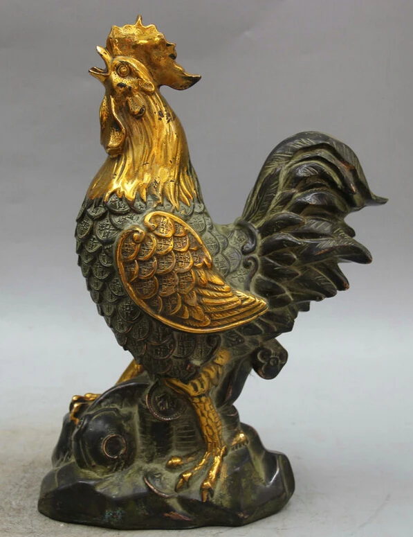 

S1880 12" China Bronze Gild Wealth Fengshui Zodiac Year Rooster Cock Statue Sculpture D0318