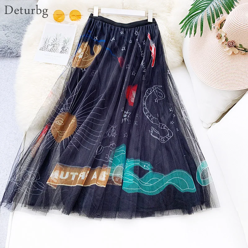 

Women's Sweet 3 Layer Mesh Midi Long Skirt Ladies Korean High Waist Graffiti Print Pleated Tulle Skirts 2019 Autumn Faldas SK384