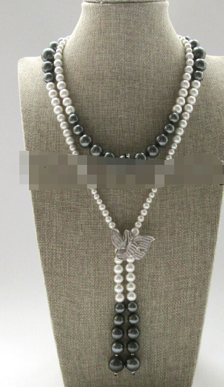 

HOT N485 48" 4-14mm perfect round white & black south sea shell pearl necklace -butterfly