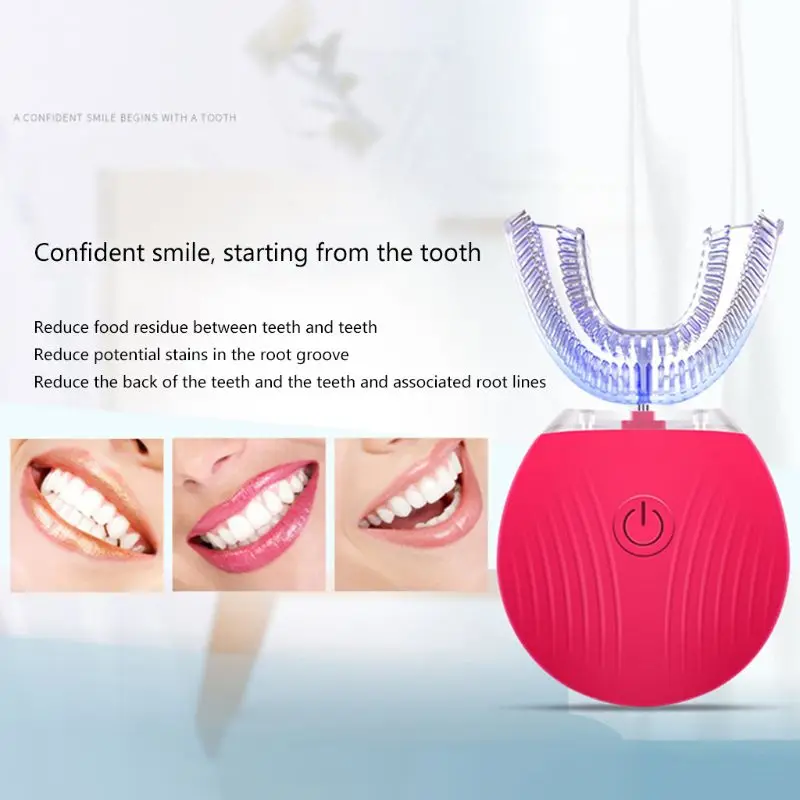 

1set 360 Degree Auto Disinfection U Shape Timer Ultra Sonic Silicon Electric Toothbrush Wireless Rechargeable 3 Modes Tooth Whit