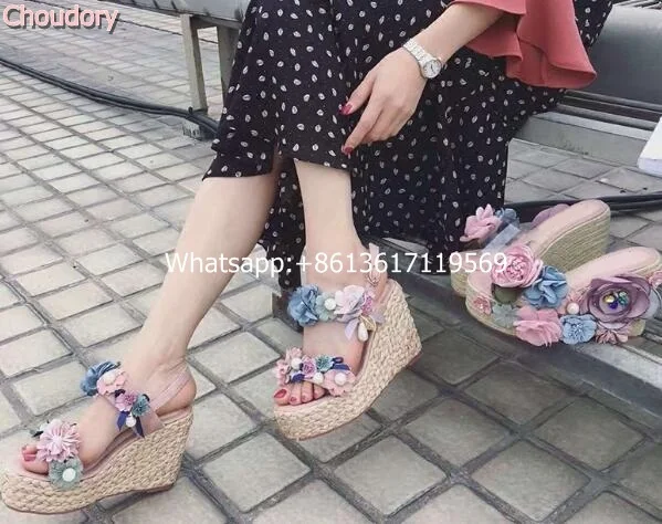 

Sweet Flowers Women Pink Color Pump Sandals Fashion Platform Shinny Pearls Strap Weave Wedges Rome Gladiator Sandals Beach Shoes