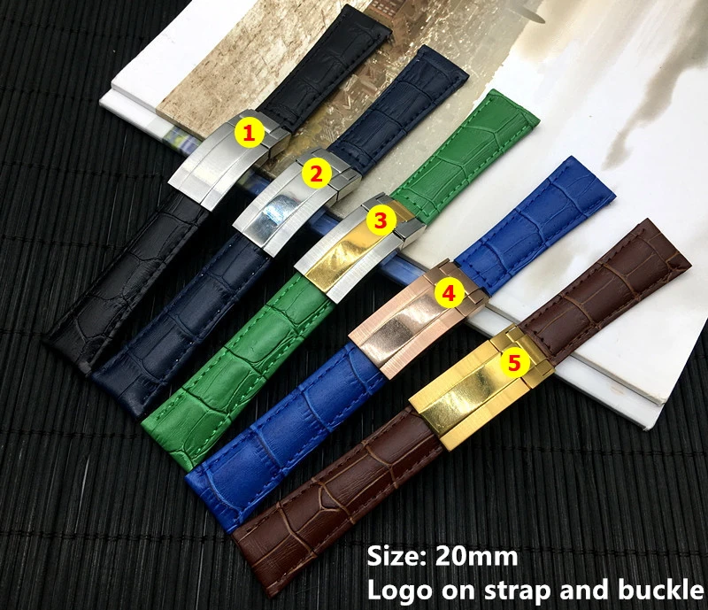 

20mm Black Green Brown Blue Genuine Leather Watchband Watch band For Role Daytona Submariner strap gmt belt buckle with Logo on