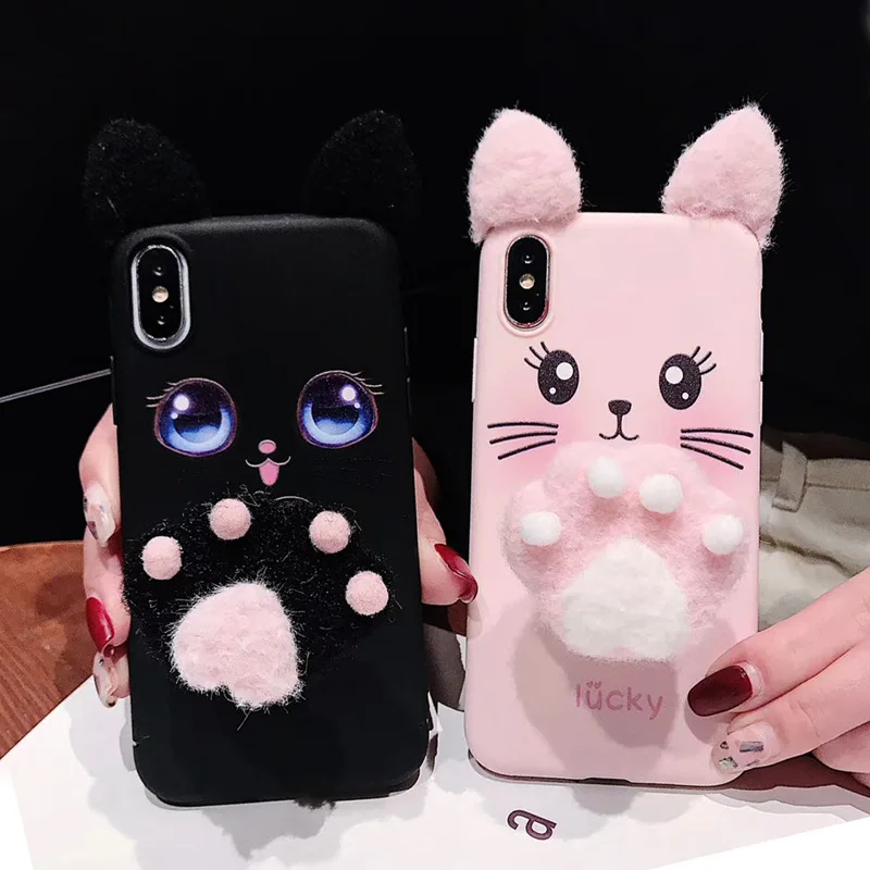 

Fashion Plush Ears Cat Claw Bracket Cute Beard Cat Phone Case for Apple iPhone 6 6S 7 8 Plus X XS XR XS MAX Back Cover Coque