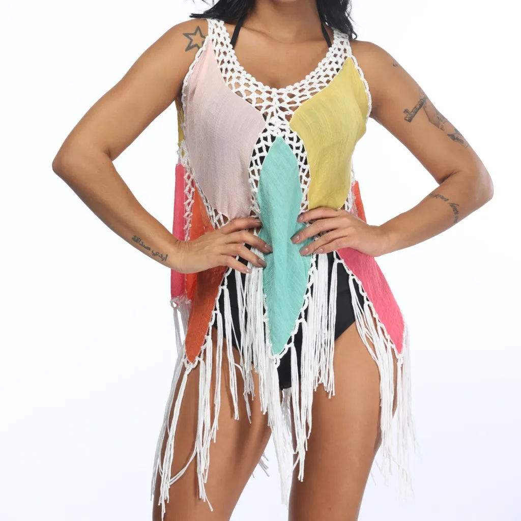 Womail Cover-Ups Sexy Multicolor Stitching Tassel Beach Blouse Crochet Beach Swimwear Tunic Summer Sarong Swimsuit W30418