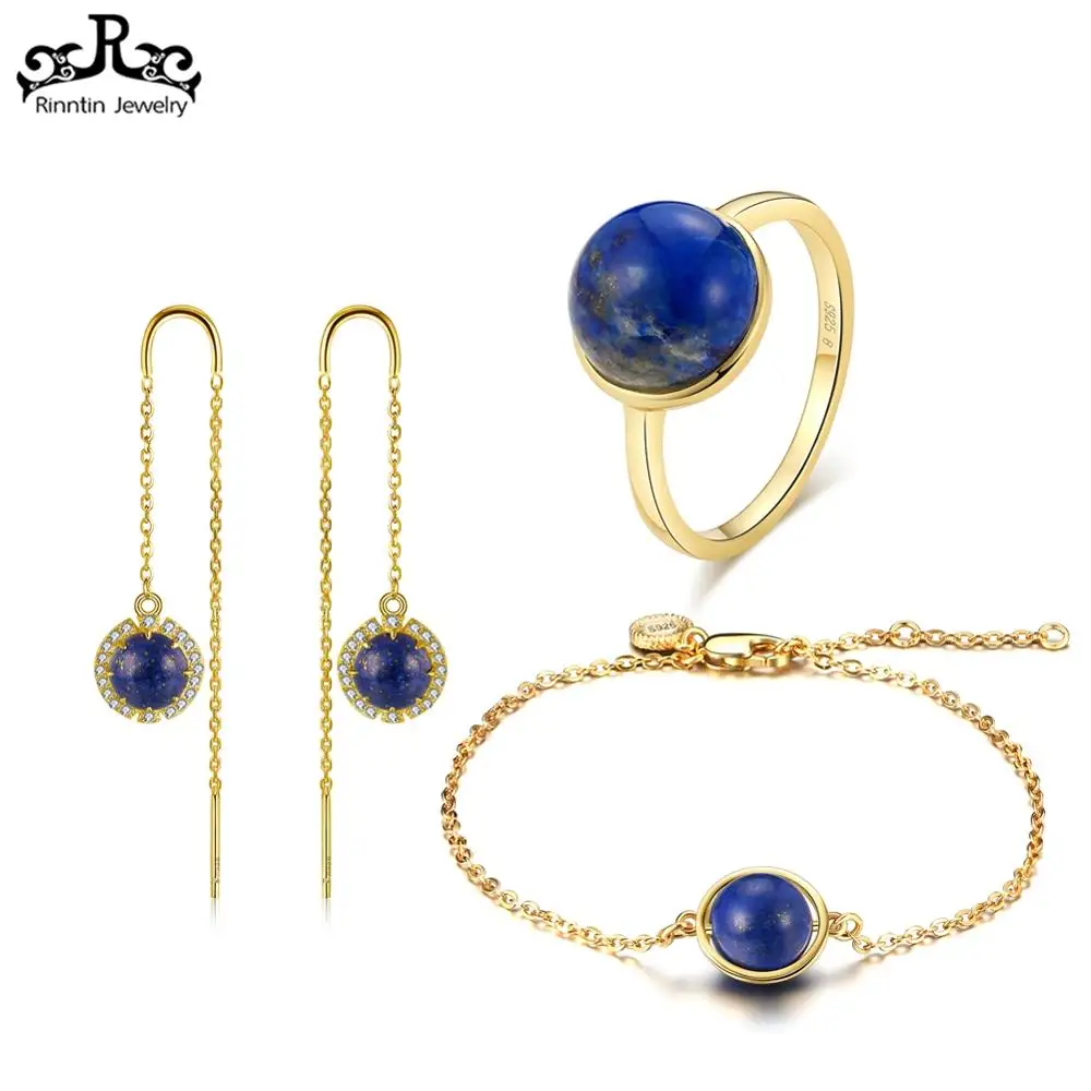 

Rinntin 925 Sterling Silver Lapis Women Bracelet Earrings Rings Sets Romantic Wedding Bands Propose Jewelry Best Gift SS26-L