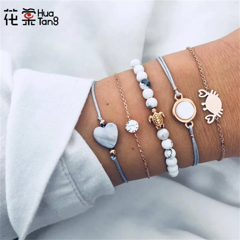 

HuaTang Geometric Rope Chain Bracelets Set for Women Geometric Crab Turtle Pendant Layered Charms Bracelets Party Jewelry 6799