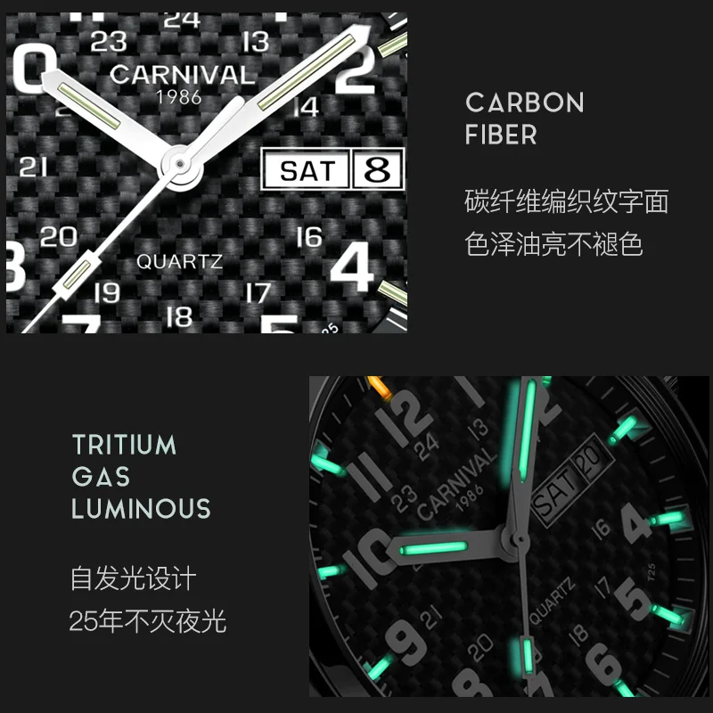  Carnival Men Tritium Light Watch T25 Date Day Quartz Japan Movement Tritium Gas Luminous Military W