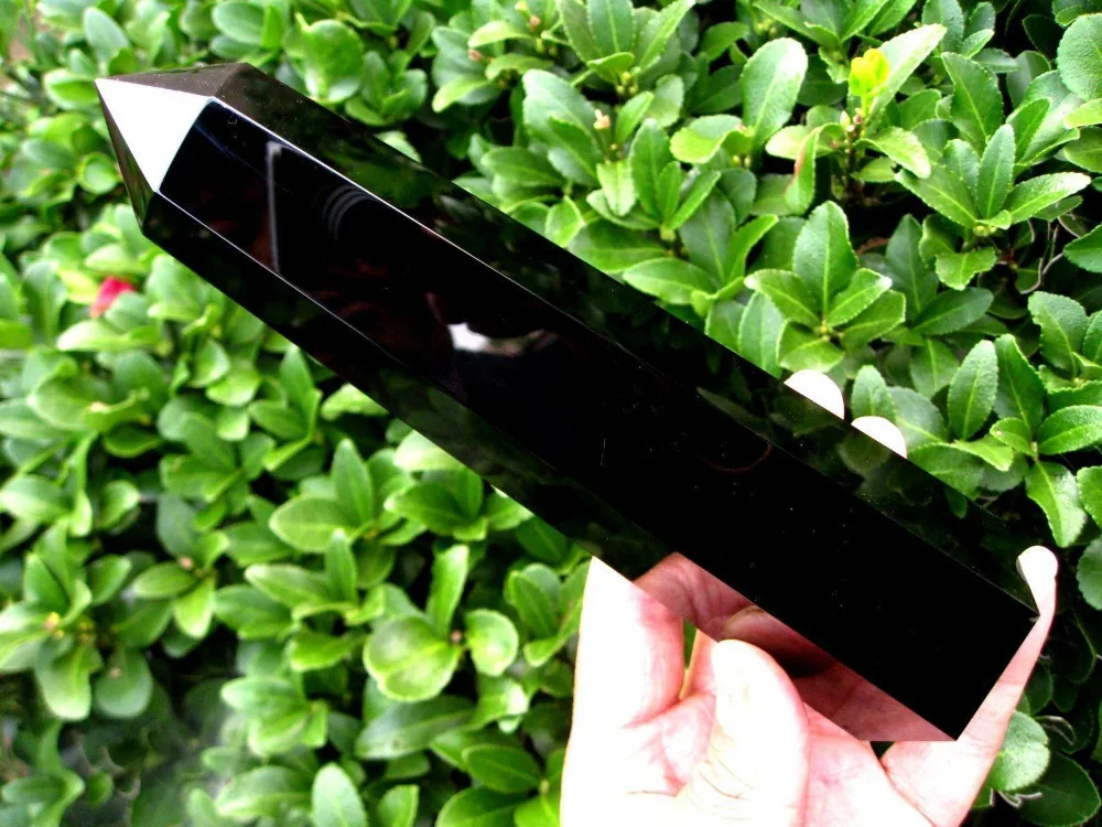 

huij 00877 Natural Black Obsidian Quartz Crystal Single Terminated Wand Healing 16-18CM Bronze Statue