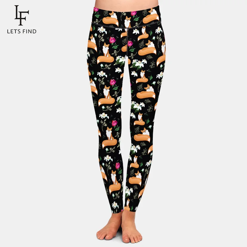 LETSFIND  Seamless Plus Size Women Black Leggings Fashion High Waist Fox and Flowers Printing Elasticity Leggings scrunch leggings Leggings