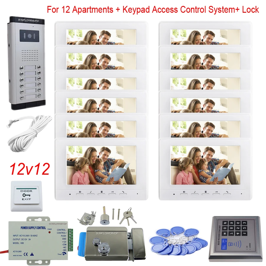 Access Control Keypad 12 Apartments Video door phones Color 7\ Indoor Monitor Home Phone Bells + Electronic Door Lock System