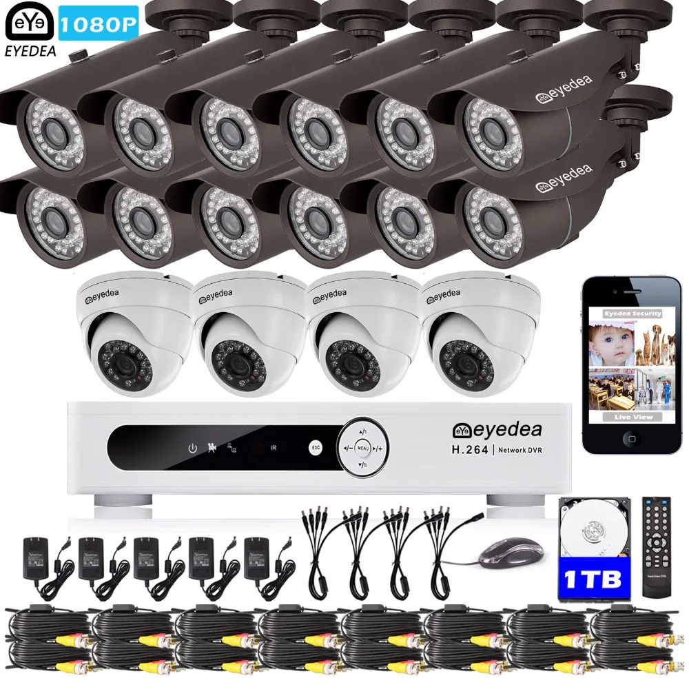 

Eyedea 16CH Email Alert DVR 1080P White 12 Bullet 4 Dome Outdoor Night Vision CCTV Security Camera Video Surveillance System 1TB