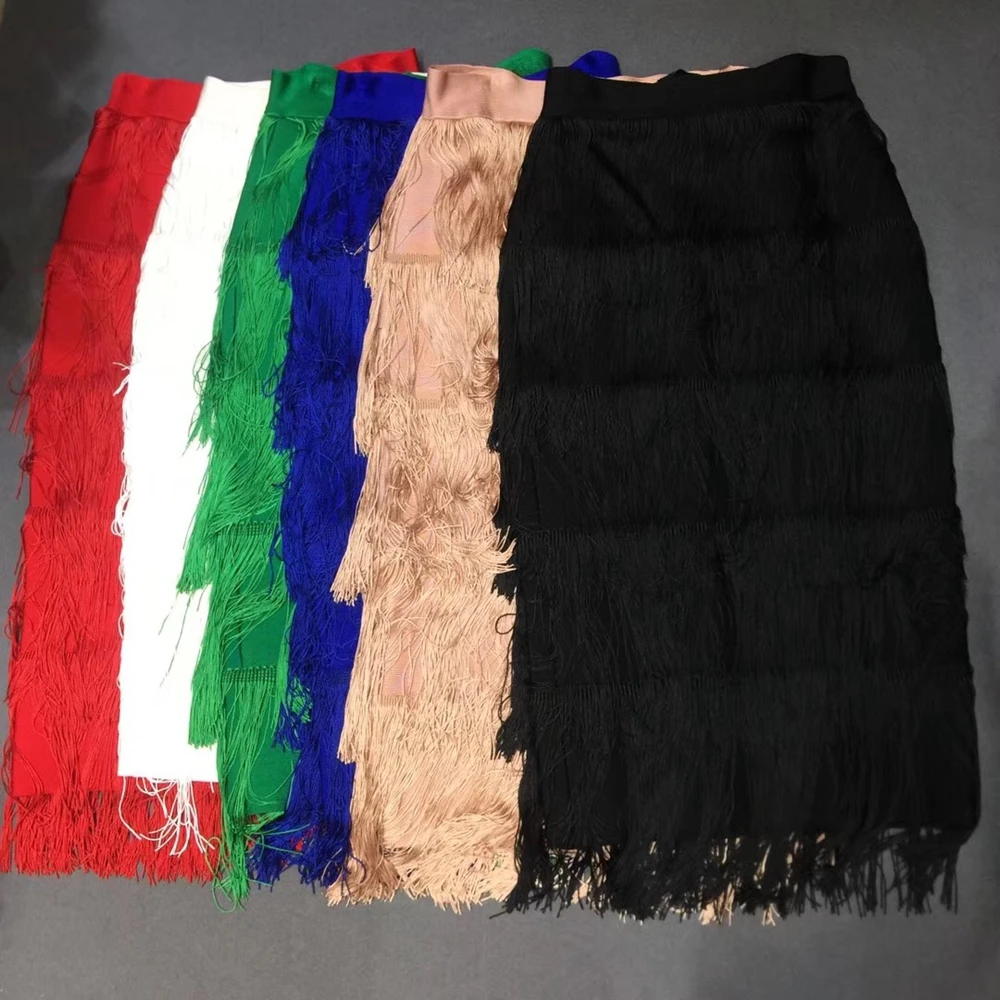 

Newest Women 2019 Red White Green Blue Pink Black Solid Fashion Sexy Bandage Skirts Tassel Clubwear Good Quality Wholesale Festa