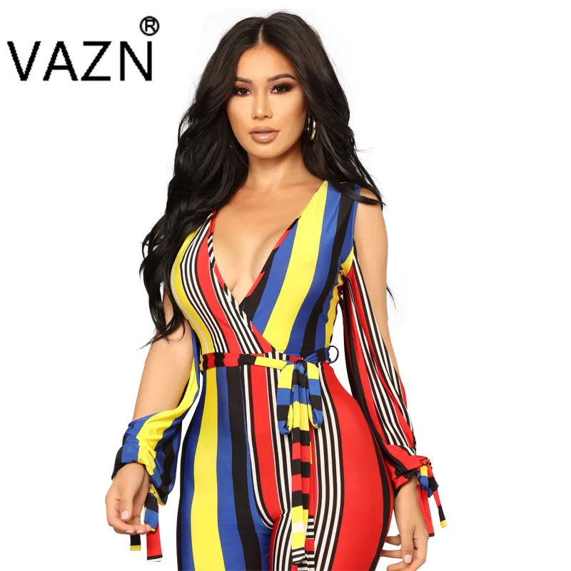

VAZN 2018 New Sexy Fashion Women Long Jumpsuits Rainbow Striped Deep V-neck Full Sleeve Hollow Out Skinny Romper B702