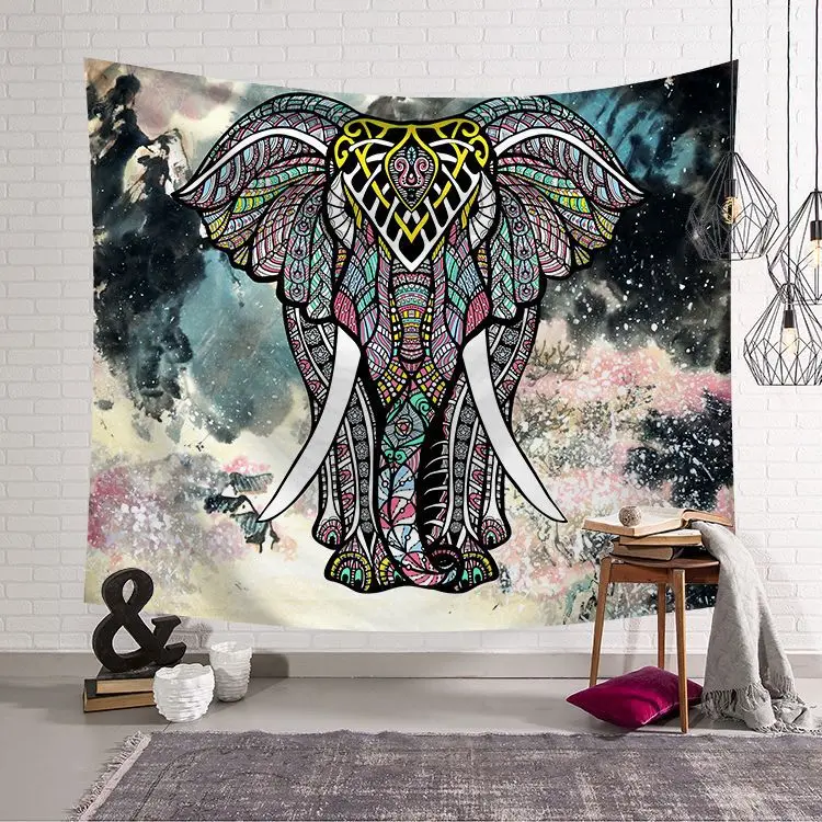 

CAMMITEVER Beautiful Ink Painting Elephant Tapestry Colored Printed Decorative Mandala Tapestry Indian 130cmx150cm 153cmx203cm