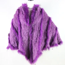 2017 Hot Sale Real Knitted Rabbit Fur And Raccoon Dog Fur Poncho With a Hood Fashion Women Rabbit Fur Shawl Fur Coat