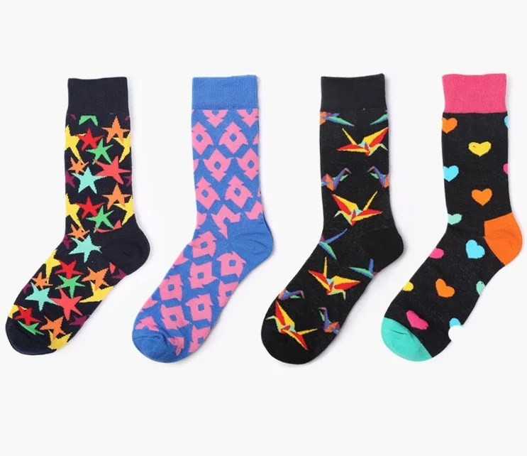 70% Cotton New Brand Meias Mens Socks Harajuku Stars Hearts Printed Long Tube Colorful Dress Size 37-42 | Мужская одежда