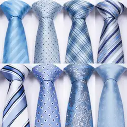 Здравствуйте-Tie светло-голубой полосатый мужской s Галстуки Hanky запонки набор шелковые галстуки для мужчин Свадебная вечеринка деловой