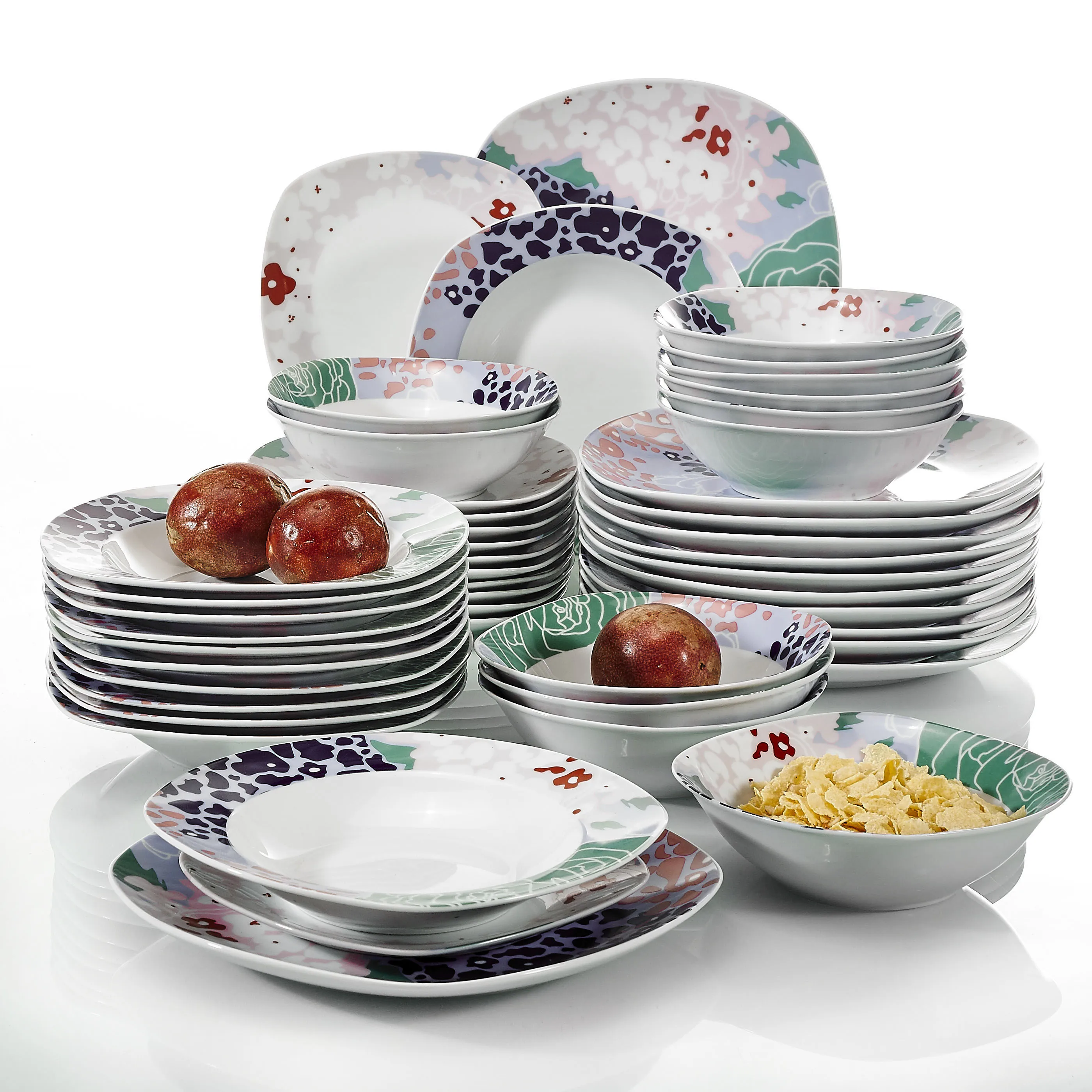 

VEWEET OLINA 48-Piece Porcelain Dinner Combi-Set Tableware Set with Bowls Dessert Plates Soup Plate Dinner Plates Service for 12