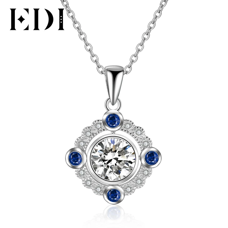 EDI Genuine Halo 1.2CT Round Cut Moissanite Diamond Natural Sapphire 14k 585 White Gold Pendant For Women Chain Necklace Jewelry