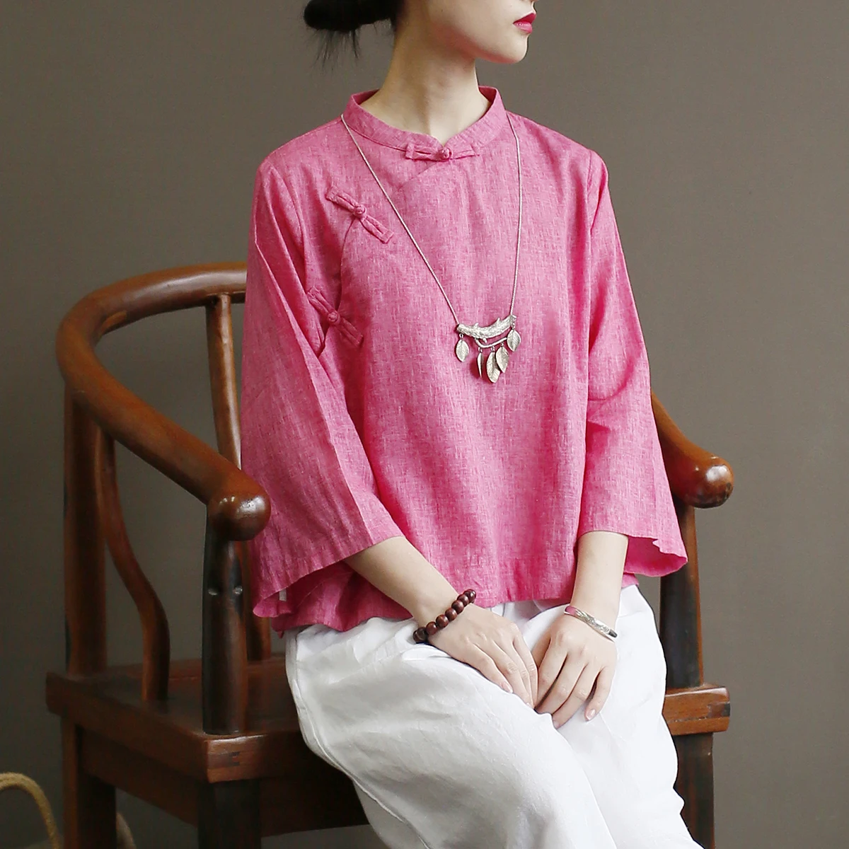 Women Short Loose Chinese Style Blouse Ladies Cotton Linen Vintage Summer Three Quarter Sleeve Retro Shirt Tops Female 2019 5