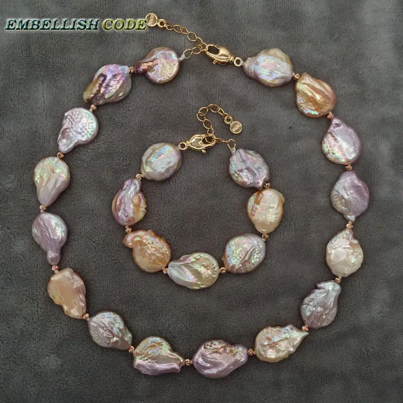 

special Rainbow baroque pearls necklace bracelet set red golden beads Mixed color big size cultured pearls elegant for women