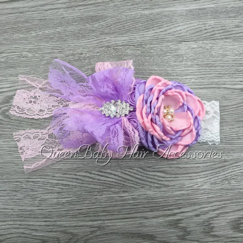 

120pcs/lot Fabric Flowers Martching Sparking Rhinestone in Center Lace Bow Headband Baby Girl Headband
