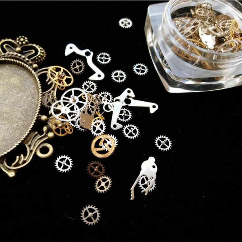 

1Box 3D Tips Nail Art Watch Parts Skeleton Punk Stud Retro Rock Steam Machine Metal Slice Gear Foils Decoration Tools Manicure