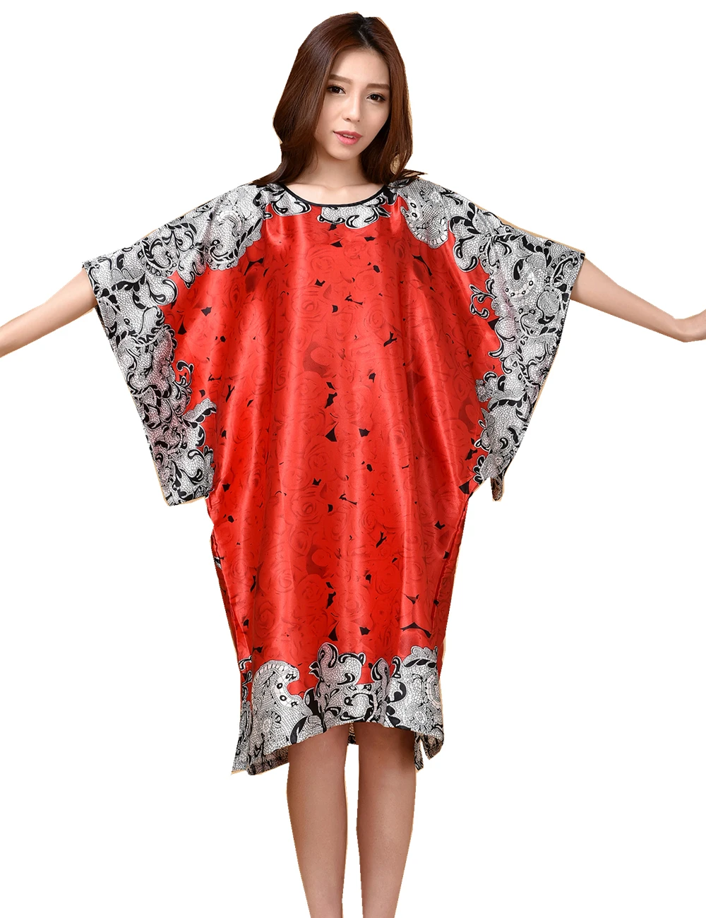 Novelty Print Black Female Satin Robe Dress Nightgown Novelty Women's