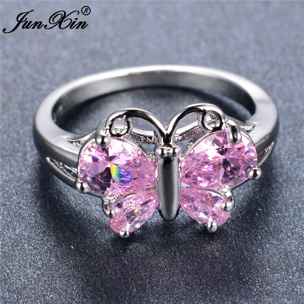 JUNXIN Women's Pink Butterfly Ring White Gold Ring Promise Engagement