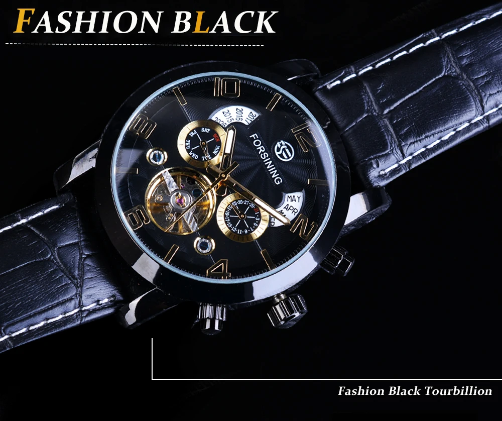 Forsining Tourbillion, черные, золотые, волнистые, с циферблатом, модные, повседневные, дизайнерские, мужские часы, Лидирующий бренд, механические, автоматические наручные часы для мужчин