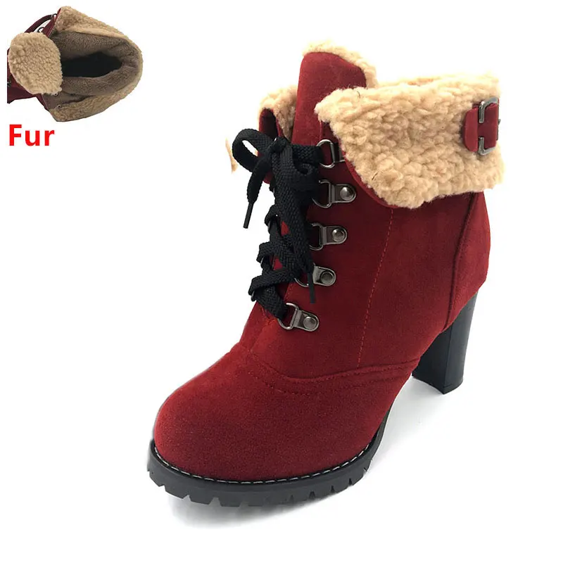TAOFFEN/женские полусапожки на высоком каблуке; зимние ботинки; модная обувь; Теплые Ботинки на каблуке; размеры 32-43; ah195 - Цвет: red fur