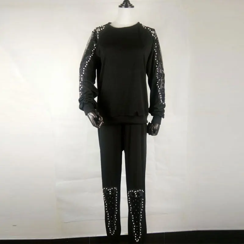 Осенний черный комплект из двух предметов размера плюс 4XL, Женский комплект 2 шт. с длинным рукавом и круглым вырезом и эластичной резинкой на талии