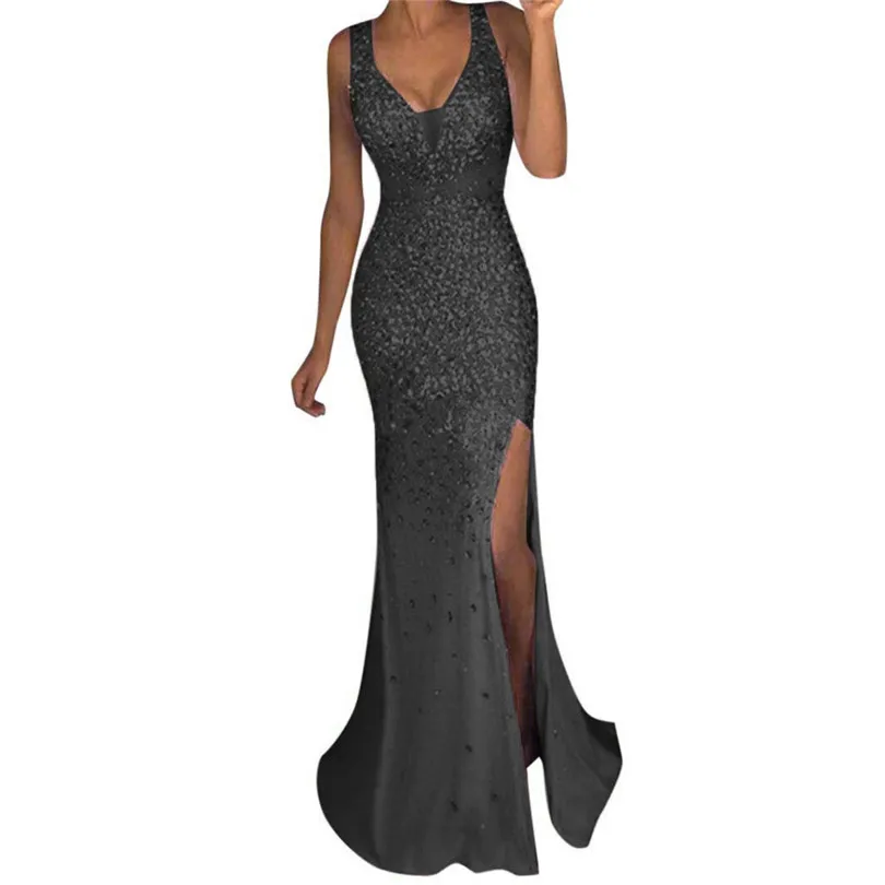 Seqiuned Dress Party Women V Neck Summer Dress Sleeveless Dress Long Party Solid Dresses Big Size Vestidos De Festa 40MAY1705